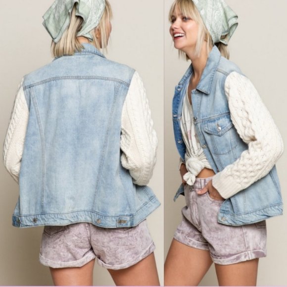 38337 POL Knit Sleeve Denim Jacket - Picture 2 of 5